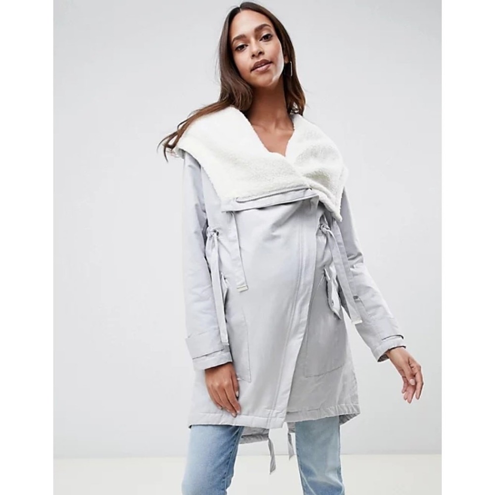 ASOS Maternity Parka Women Grey Excellent Asymmetric Borg Hooded Jacket Sz 2